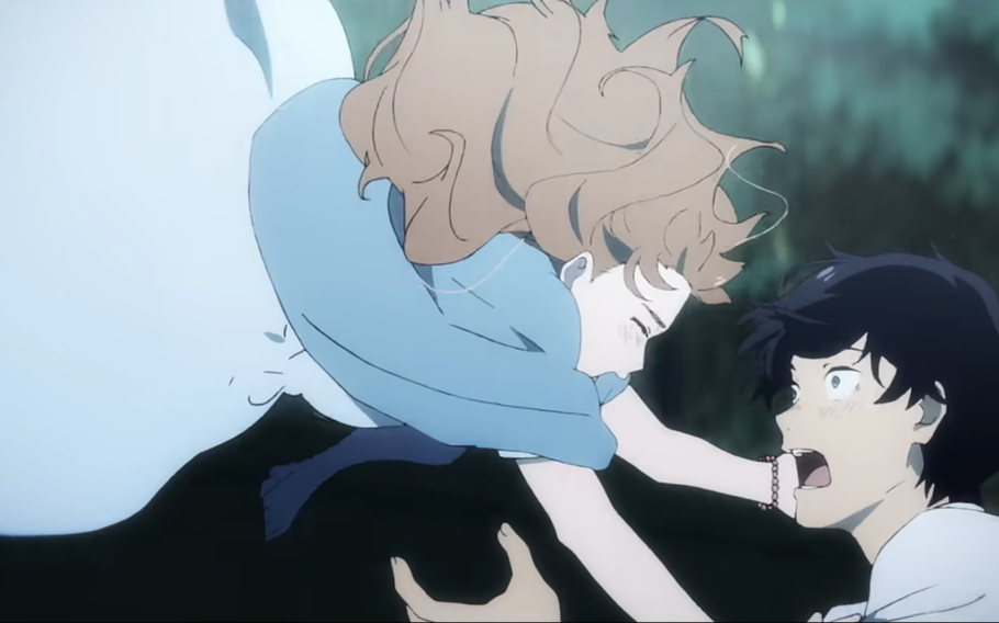 A woman is jumping into a man’s arms in the movie “Josee, the Tiger and the Fish”.